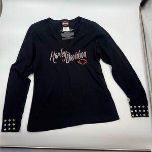 Harley Davidson Woman Long Sleeve Shirt V Neck Black Size Med